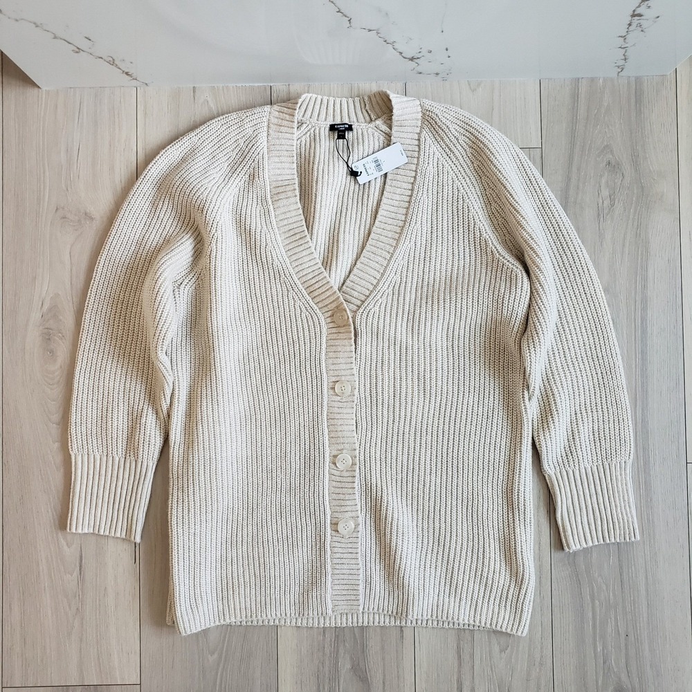 Express Cardigan Womens Large Beige Wool Chunky Ribbed Knit Button Front Sweater